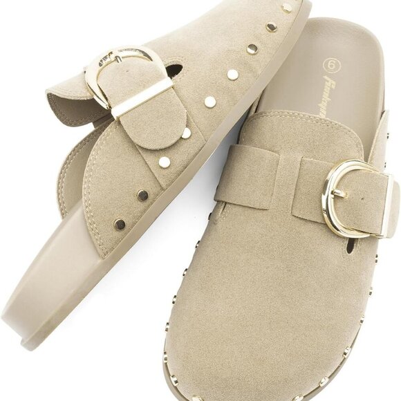 Womens Suede Rivet Mules Slip On Comfort Shoe for Indoor Outdoor - Picture 2 of 6
